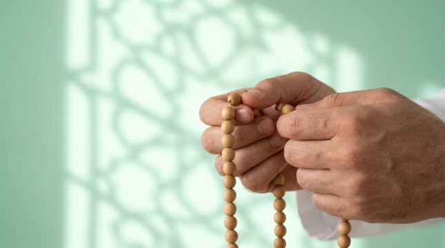 Hands holding wooden prayer beads against green patterned shadow.
