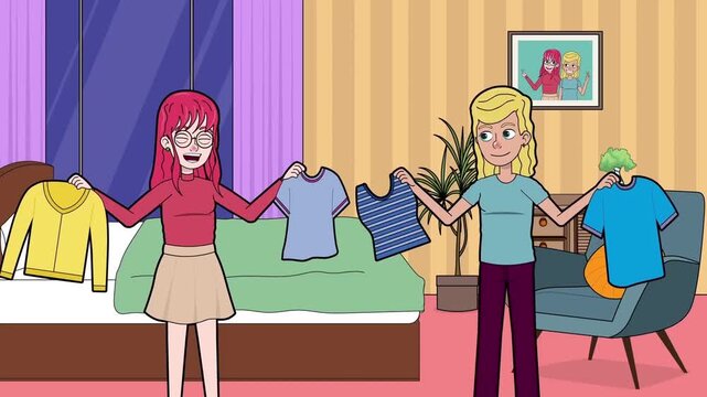 2D animation of two girls holding up colorful t-shirts while choosing outfit clothes in a bedroom closet setting