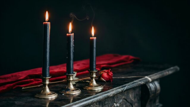 Three black candles burning in brass holders on a dark table with a red fabric cloth and a red rose, creating a moody and mysterious atmosphere