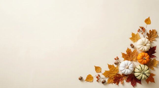 Elegant thanksgiving banner and poster background featuring a decorative corner arrangement of autumn leaves and small pumpkins