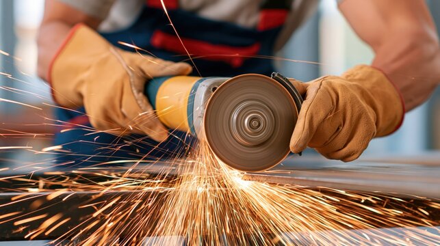 Worker grinding metal with angle grinder producing bright sparks during industrial operation