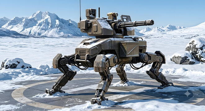 Advanced Quadrupedal Military UGV on a Snowy Arctic Landing Pad