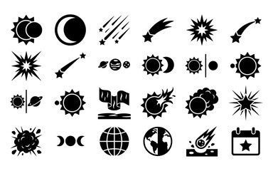 Astronomy and celestial events black icons including planets solar eclipses and meteors. © khan