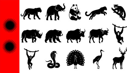 Fototapeta premium Collection of fifteen black Asian wildlife silhouettes featuring elephant panda monkey rhino bear yak buffalo orangutan cobra peacock heron deer with red banner background decorative
