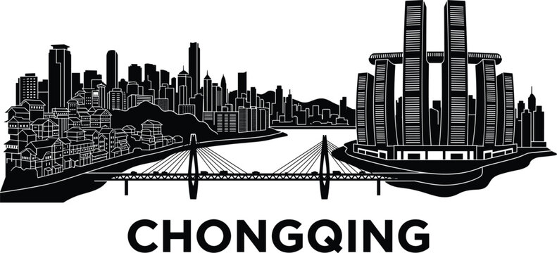 Chongqing city skyline silhouette featuring raffles city futuristic skyscrapers and cable bridge vector illustration isolated white