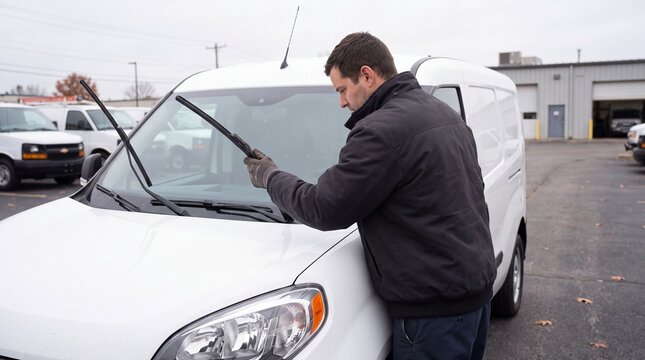 Skilled Mechanic Installing New Windshield Wipers on Commercial Delivery Van