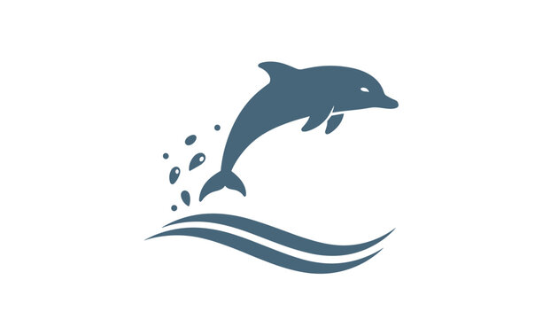 Blue dolphin jumping gracefully over ocean waves with splashing water droplets in a simple vector silhouette style.