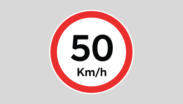 Circular road traffic sign indicating a maximum speed limit of fifty kilometers per hour, on a gray background.