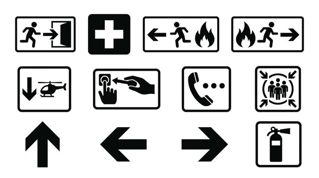 Set of black and white emergency safety and evacuation signs and symbols.