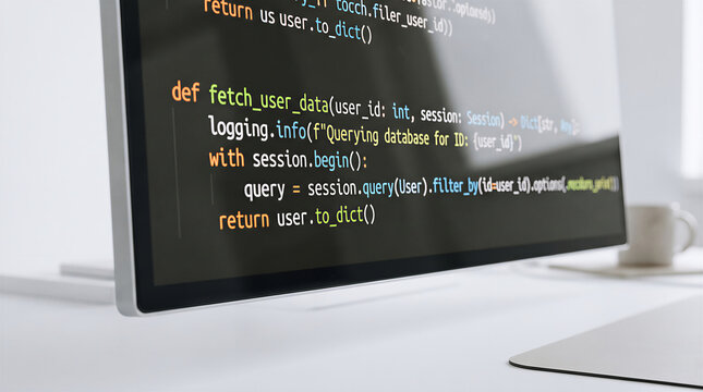 Computer monitor with colorful python programming code on screen in bright white workspace. Software development and vibe coding