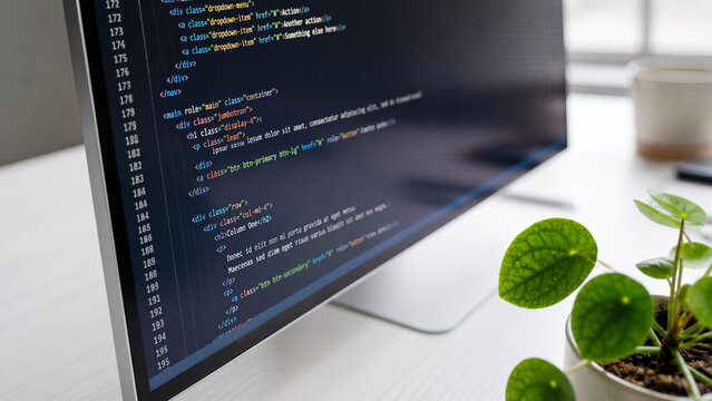 Computer monitor with programming code on screen in modern workspace with green plant on white desk. Web development and coding concept.