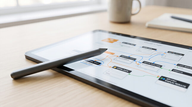Tablet with stylus showing visual programming workflow with logic blocks and data functions on wooden desk. Vibe coding concept with no code development interface for software design and automation