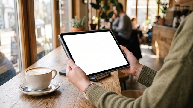 Woman holding tablet with blank white screen sitting at wooden table in cozy cafe with coffee cup, mockup template for app or website design, freelance worker lifestyle