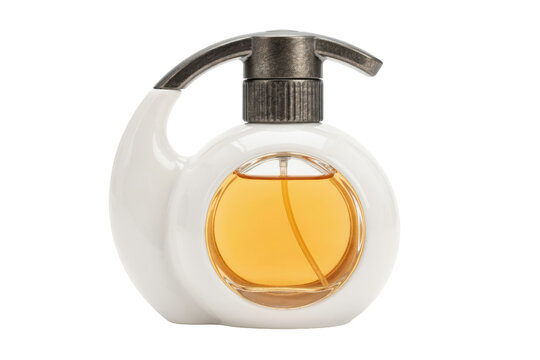 Round white ceramic soap dispenser with metallic pump and amber liquid inside isolated on a transparent background