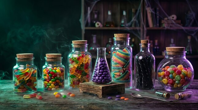 Colorful Halloween candy jars lined up on rustic wooden table feature vibrant gummy worms jelly beans and sour belts perfect for spooky party displays and sweet buffets.