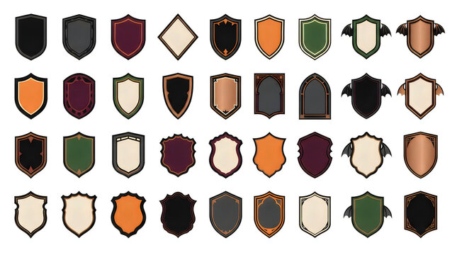 Retro heraldic shield collection, vintage coat of arms vector set, medieval blank emblems, fantasy crests with distressed texture, heraldry design elements for branding and gaming isolated on