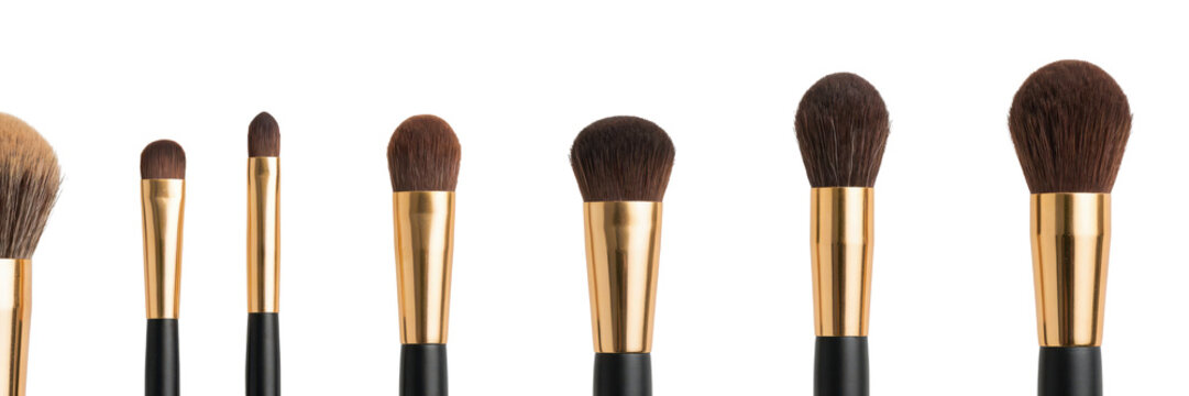 Row of various makeup brushes with golden ferrules and black handles isolated on a transparent background