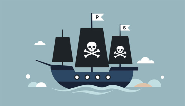 Pirate ship with dark sails displaying white skulls and crossbones emblem sailing on blue waves under cloudy skies.