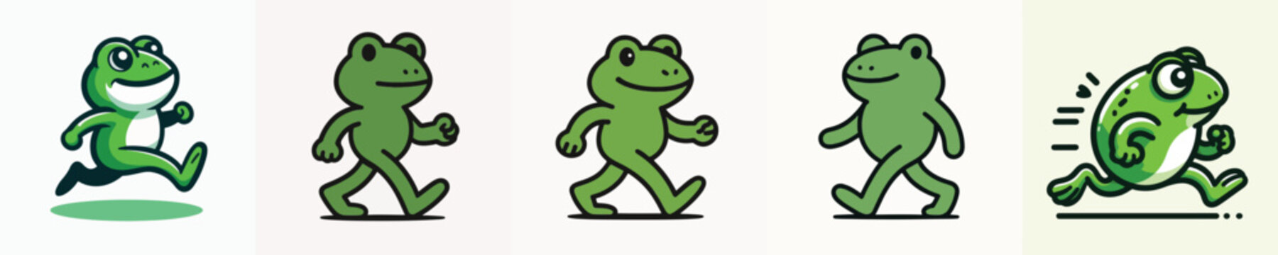 Animated green frog characters walking in sequence with playful expressions