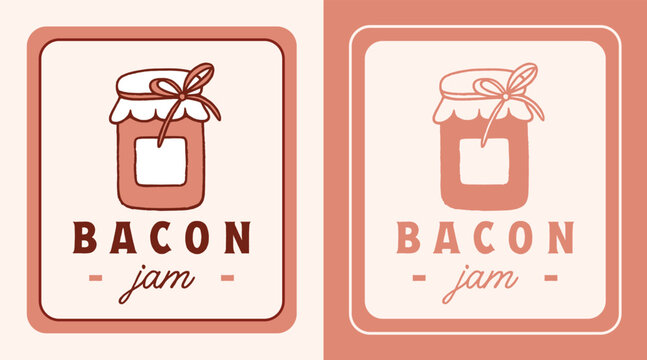 Bacon jam label glass jar homemade relish spread packaging logo drawing for tag sticker design template. Gourmet smoky BBQ flavor artisan product illustration rustic retro vintage aesthetic print.