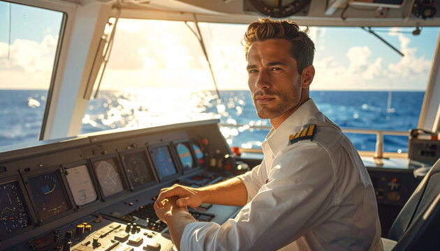 Male ship captain sitting in the cockpit at sunset on water