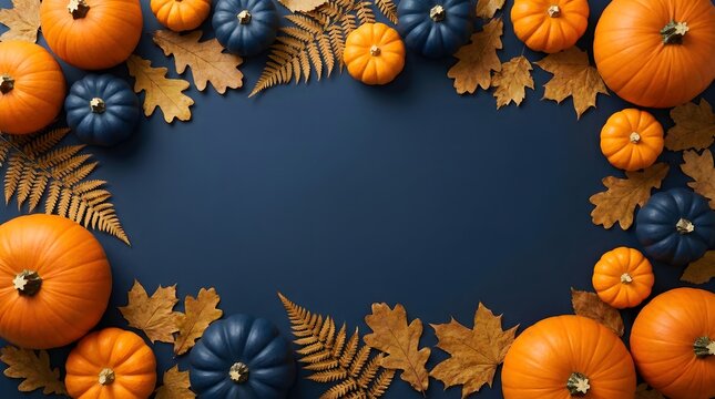 Autumn frame with orange and blue pumpkins and dry leaves on dark blue background