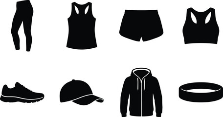 Naklejka premium Set of black silhouette icons representing modern fitness apparel and athletic sportswear for gym training and outdoor exercise