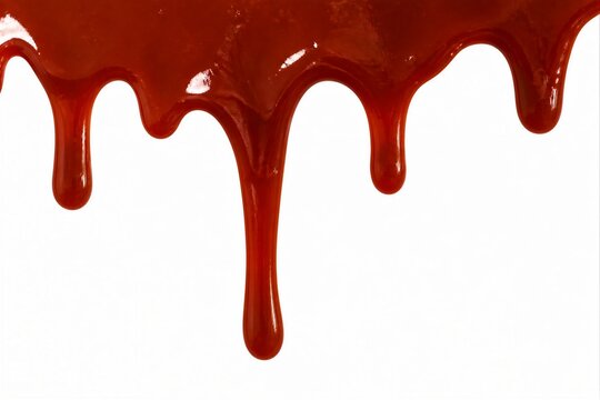 Red liquid dripping in viscous droplets over white background