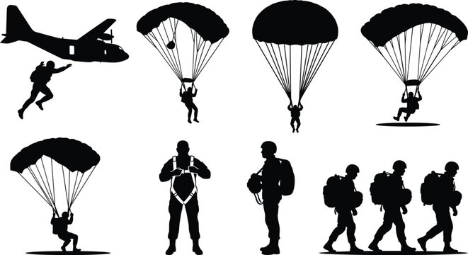 Military paratrooper silhouettes collection showing soldiers jumping from aircraft and landing with parachutes in tactical gear