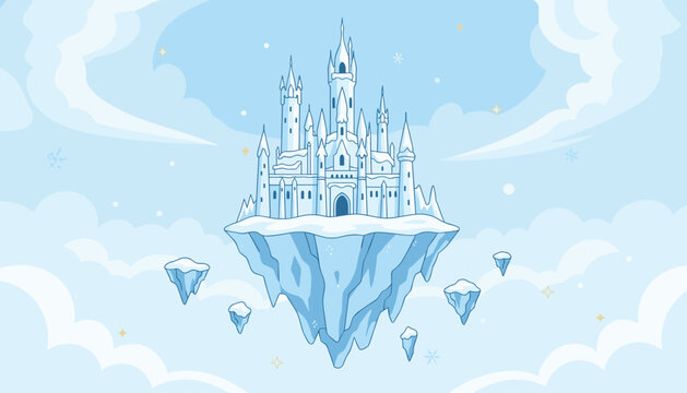 Enchanting fantasy ice castle floating on a giant ice island in the sky surrounded by soft clouds in vector illustration.