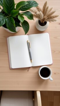 Open notebook with pen beside two plants and a cup of coffee on wooden table