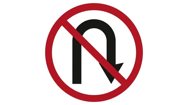 Minimalist safety icon prohibiting U-turns for traffic flow and accident prevention.