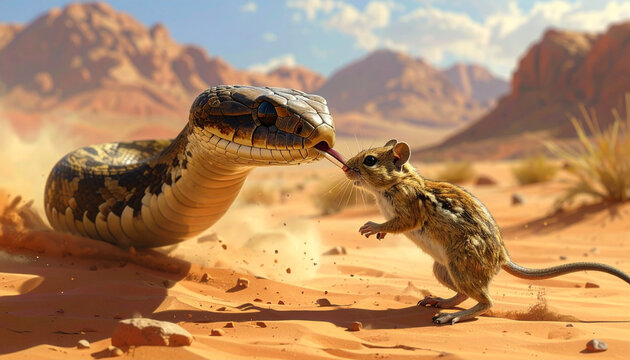 Close up interaction between a snake and small desert mouse
