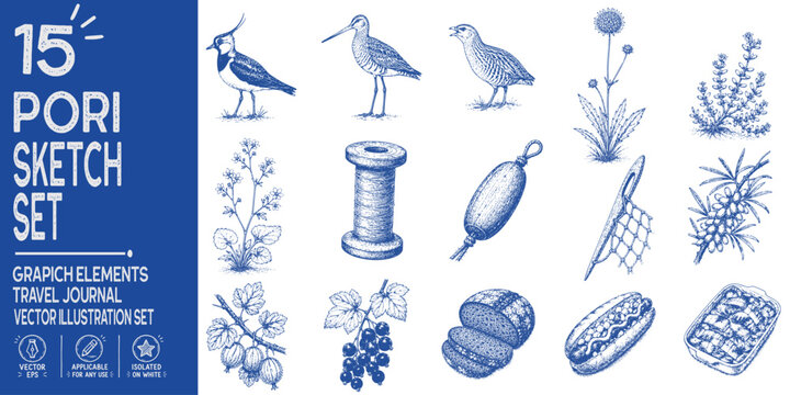 Pori Satakunta Finland Element Set, Kokem&auml;enjoki Delta Wildlife Flora Coastal Heritage Fruits and Traditional Finnish Food Travel Journal Line Art Collection