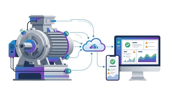 Industrial electric motor with digital monitoring dashboard for predictive maintenance and efficiency analytics