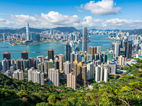 Panoramic view of the Victoria Harbour skyline with skyscrapers and gr