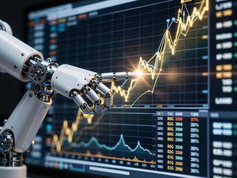 Robotic arm pointing at upward trend on financial chart