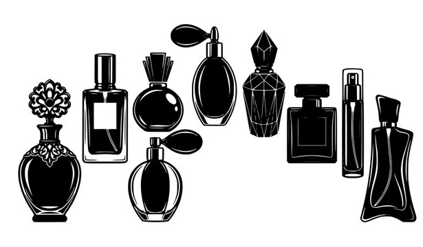 Classic and contemporary perfume bottle silhouette collection featuring vintage flacons spray atomizers luxury fragrance packaging vector illustrations