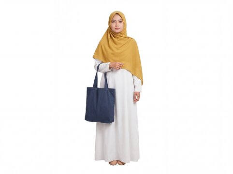 Young Indonesian Woman in Yellow Hijab Holding Blue Tote Bag