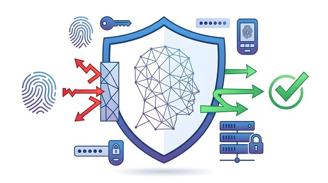 Cyber security concept with biometric face recognition and digital data protection shield