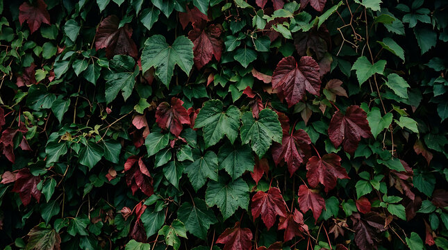 A dense wall of vibrant green and deep red ivy leaves during the autumn season