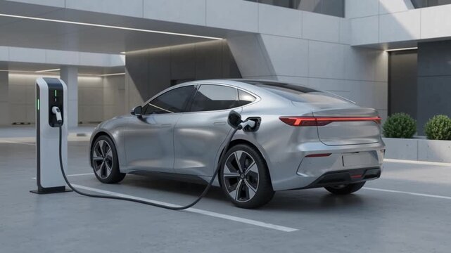 Silver electric vehicle charging at a modern station in this realistic high quality 3D animated motion video clip presentation