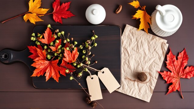 Autumn still life. Leaves, teapot, tags, wooden board create cozy fall scene. Warm tones dominate composition.