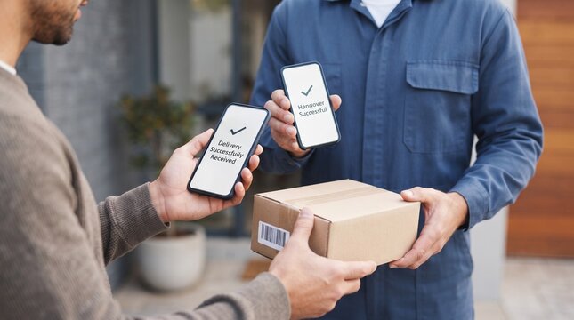 Customer receives a package while a delivery worker confirms the successful handover on smartphones, illustrating AI-assisted verification and modern digital delivery services.