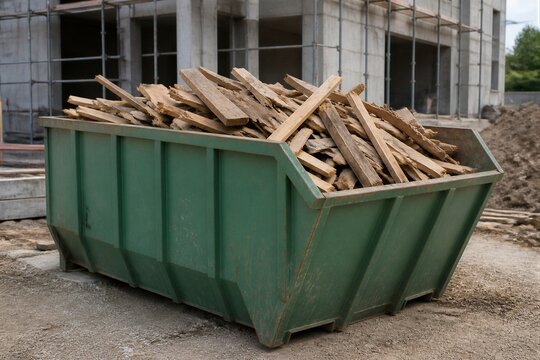 Construction debris filled skip at active building site