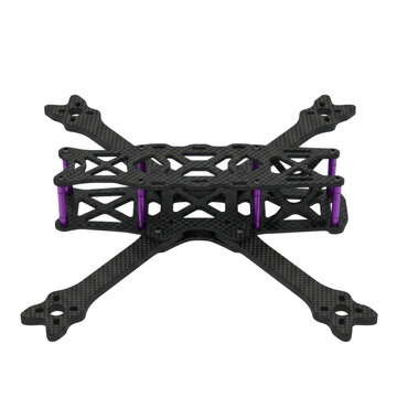 Isolated carbon fiber drone frame, detailed structure, purple accents, for racing or freestyle drones.