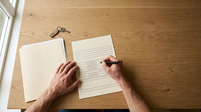 A person filling out a document on a wooden desk with keys nearby.