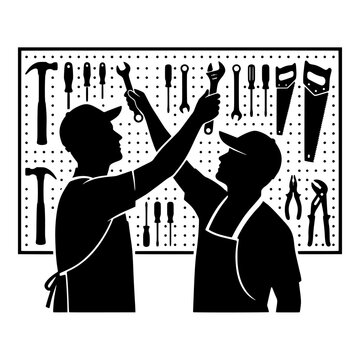 Black and White silhouette of two men organizing tools on pegboard