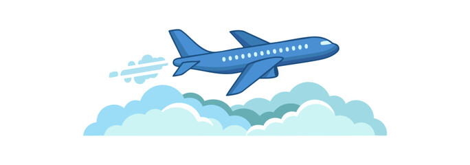 Naklejka premium Blue airplane flying through clouds with contrail effect