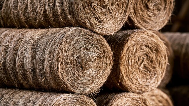 Rolled hay bales stacked outdoors with natural light and transparent background